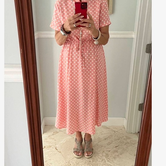 Pink Polka Dot Dress Midi Drawstring Ties Short Sleeve - Picture 9 of 11